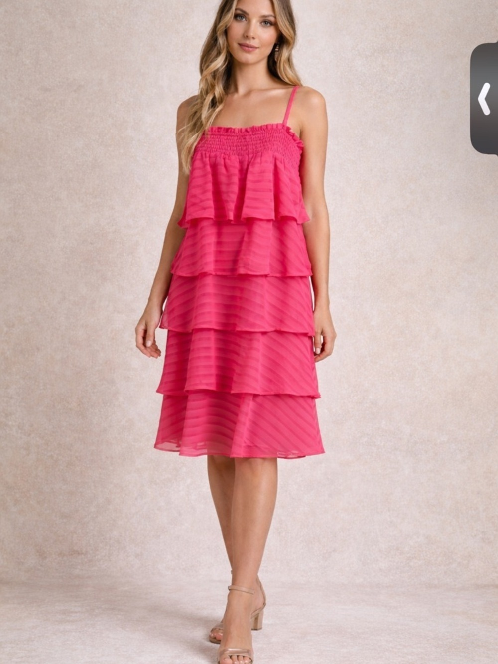 153. Hot Pink Ruffled Tiered Adjustable Spaghetti Strap Lined Dress.